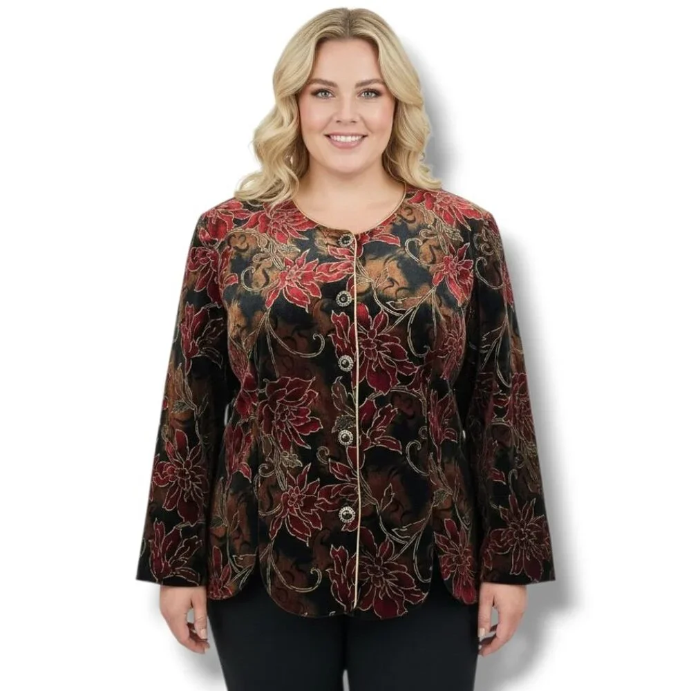 Dressbarn Floral Velvet Jacket 18W Women Black Red Gold Dressy Holiday Christmas